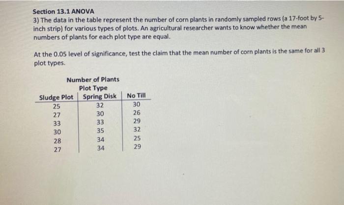 Section 13 1 Anova 3 The Data In The Table Represent The Number Of Corn Plants In Randomly Sampled Rows A 17 Foot By 5 1