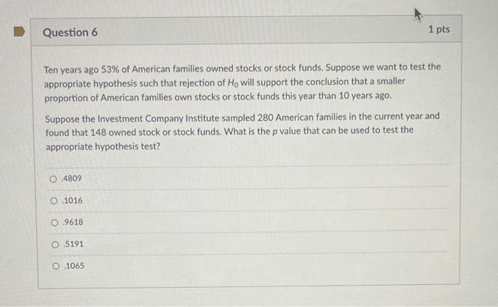 Question 6 1 Pts Ten Years Ago 53 Of American Families Owned Stocks Or Stock Funds Suppose We Want To Test The Appropr 1