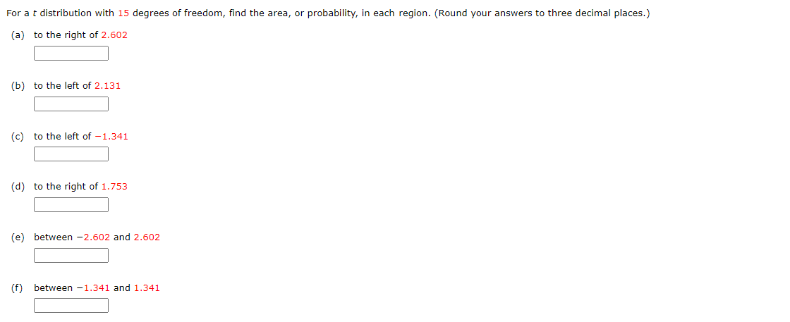 For A T Distribution With 15 Degrees Of Freedom Find The Area Or Probability In Each Region Round Your Answers To T 1
