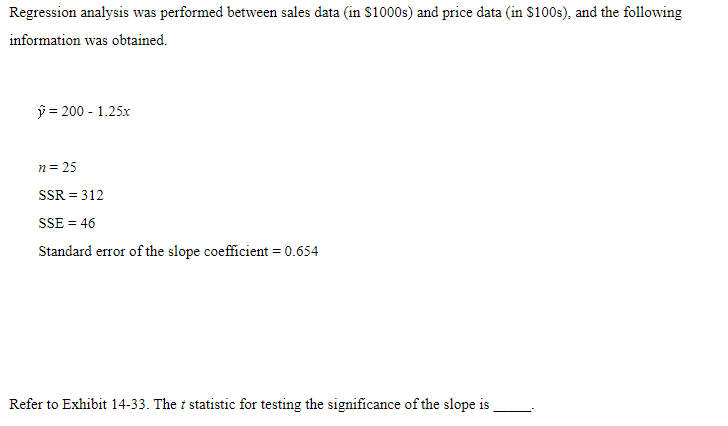 Regression Analysis Was Performed Between Sales Data In 1000s And Price Data In 100s And The Following Informatio 1