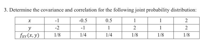 X 3 Determine The Covariance And Correlation For The Following Joint Probability Distribution 1 0 5 0 5 1 1 2 Y 2 1