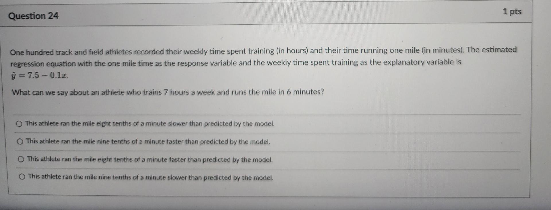 1 Pts Question 24 One Hundred Track And Field Athletes Recorded Their Weekly Time Spent Training In Hours And Their Ti 1