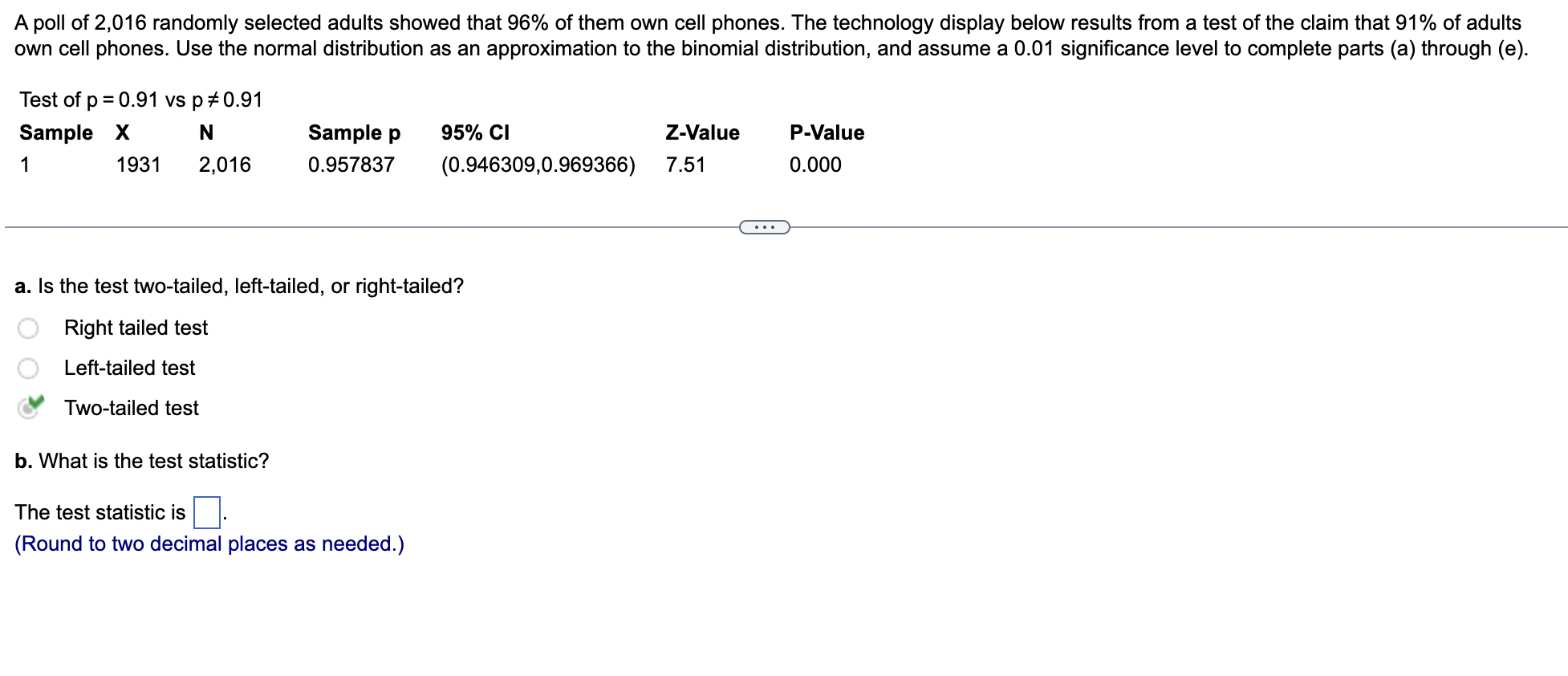A Poll Of 2 016 Randomly Selected Adults Showed That 96 Of Them Own Cell Phones The Technology Display Below Results F 1