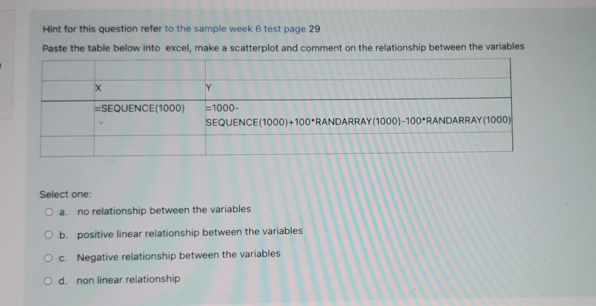 Hint For This Question Refer To The Sample Week 6 Test Page 29 Paste The Table Below Into Excel Make A Scatterplot And 1