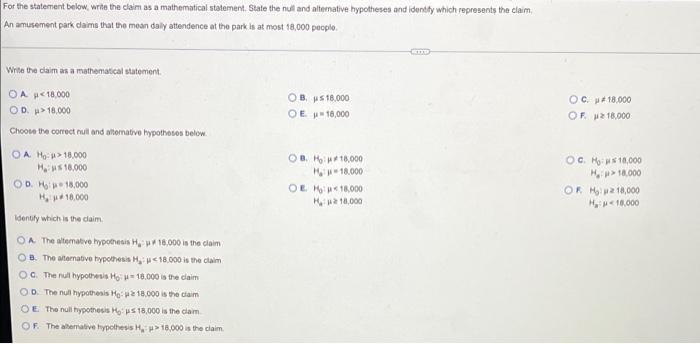 For The Statement Below Write The Claim As A Mathematical Statement State The Nul And Alternative Hypotheses And Ident 1