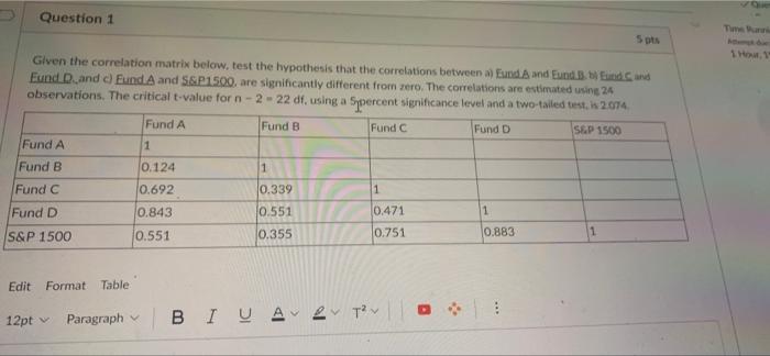 Question 1 5 Pts Given The Correlation Matrix Below Test The Hypothesis That The Correlations Between A Eund A And Eund 1