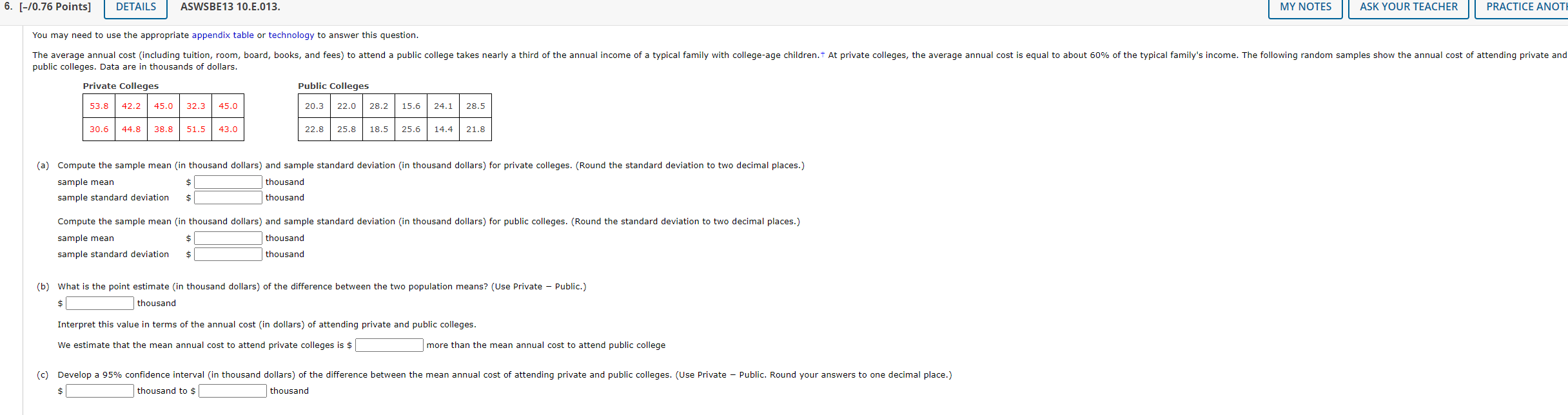 6 70 76 Points Details Aswsbe13 10 E 013 My Notes Ask Your Teacher Practice Anoti You May Need To Use The Appropria 1