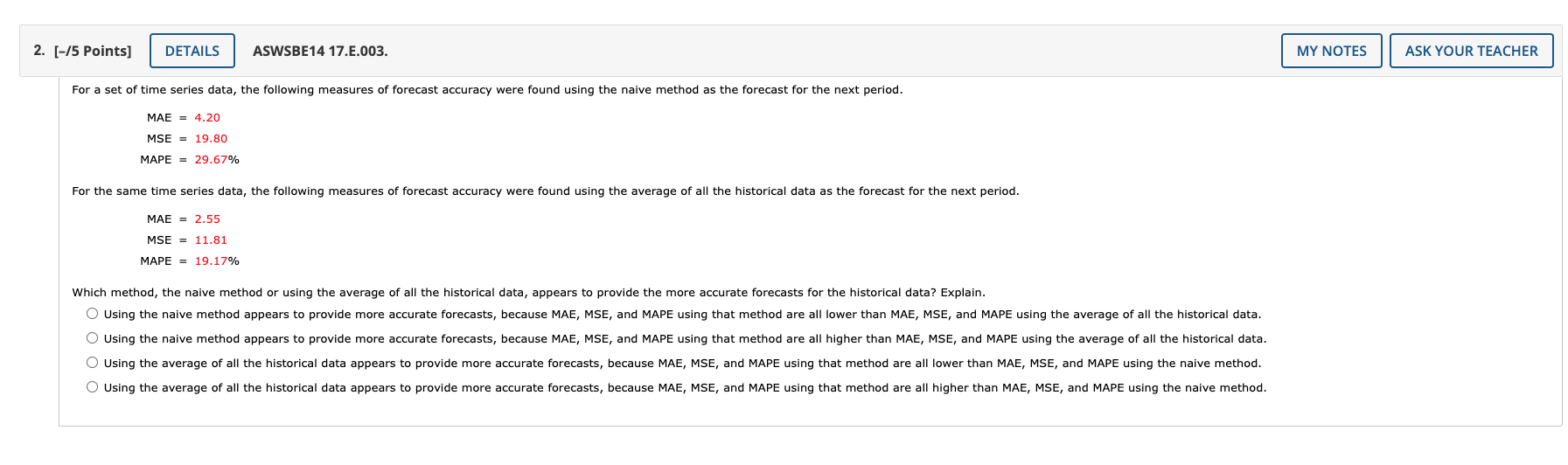 2 15 Points Details Aswsbe14 17 E 003 My Notes Ask Your Teacher For A Set Of Time Series Data The Following Measur 1