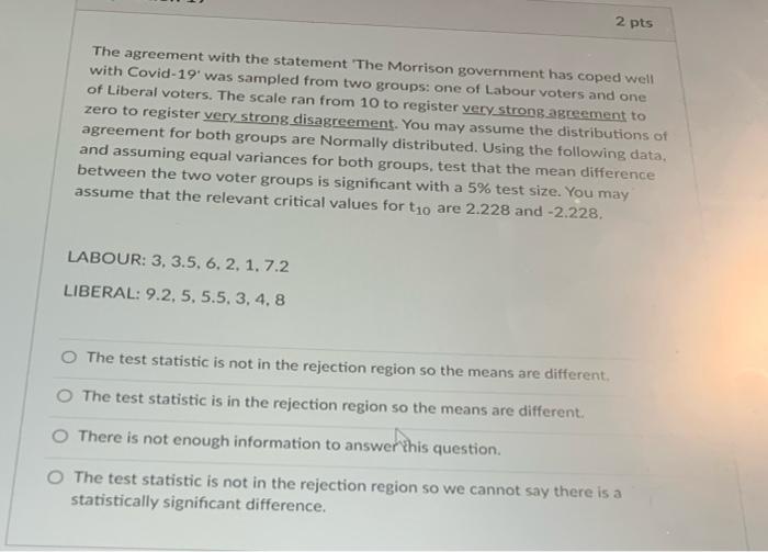 2 Pts The Agreement With The Statement The Morrison Government Has Coped Well With Covid 19 Was Sampled From Two Groups 1