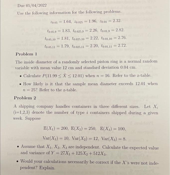 Due 05 04 2022 Use The Following Information For The Following Problems 20 05 1 64 20 025 1 96 20 01 2 32 To 0 1