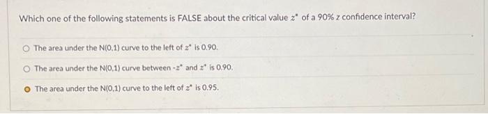 Which One Of The Following Statements Is False About The Critical Value Z Of A 90 Z Confidence Interval The Area Unde 1