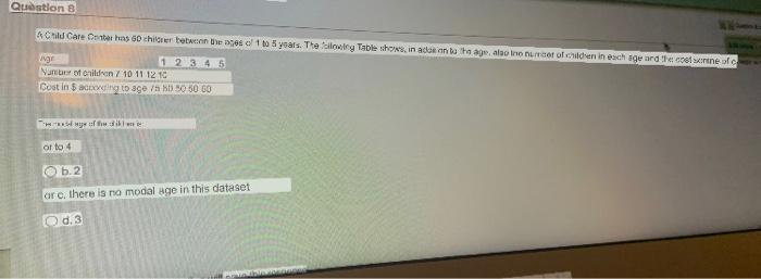 Question 8 A Child Care Center Has 60 Chier Beton Beaces D1 5 Years The Following Table Shows In Ado On To Age Also To 1
