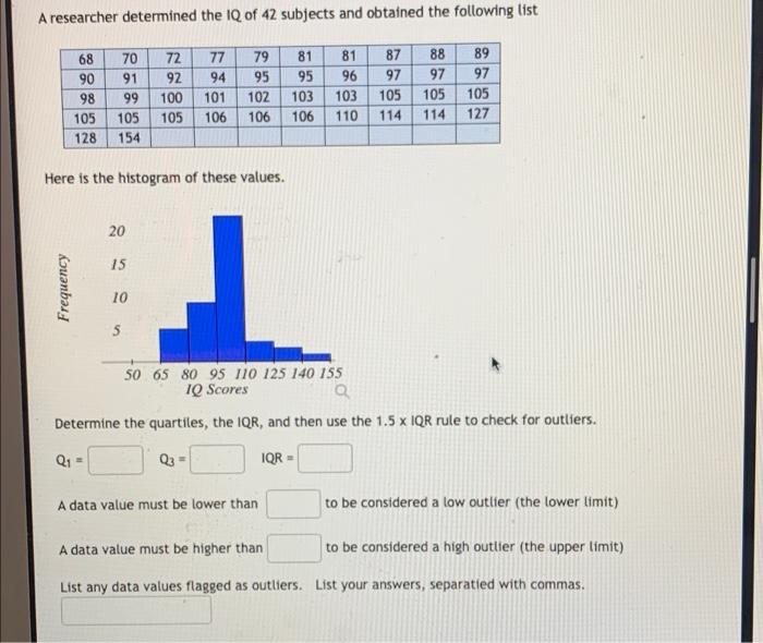 A Researcher Determined The Iq Of 42 Subjects And Obtained The Following List 68 90 98 105 128 70 91 99 72 92 100 81 95 1