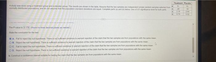 Treatment Placebo N Astudy Was Done Using And Group And To Group The Results We Shown In The Table Independent Sample A 2