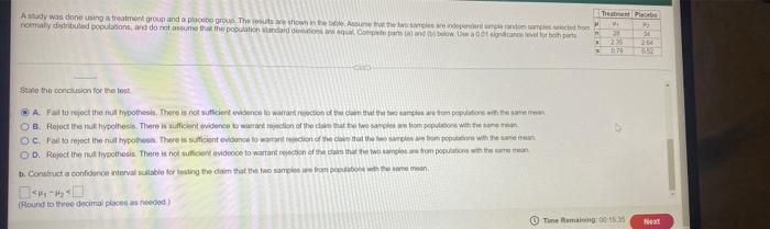 Treatment Placebo N Astudy Was Done Using And Group And To Group The Results We Shown In The Table Independent Sample A 3