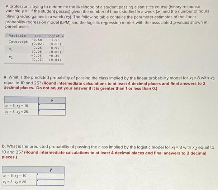 A Professor Is Trying To Determine The Likelihood Of A Student Passing A Statistics Course Binary Response Variable Y 1
