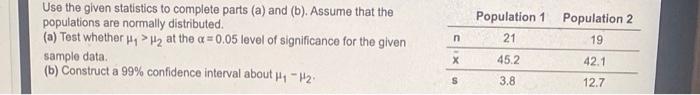 Use The Given Statistics To Complete Parts A And B Assume That The Populations Are Normally Distributed A Test W 1