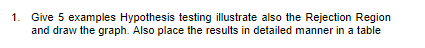 1 Give 5 Examples Hypothesis Testing Illustrate Also The Rejection Region And Draw The Graph Also Place The Results In 1