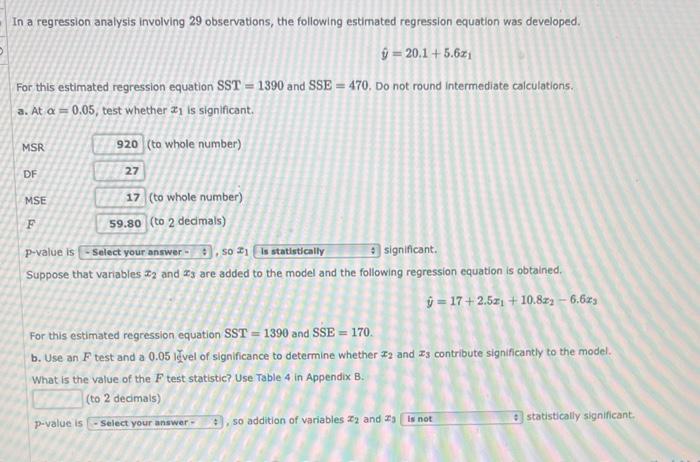 In A Regression Analysis Involving 29 Observations The Following Estimated Regression Equation Was Developed Y 20 1 5 1