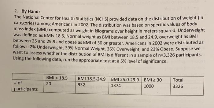 2 By Hand The National Center For Health Statistics Nchs Provided Data On The Distribution Of Weight In Categories 1