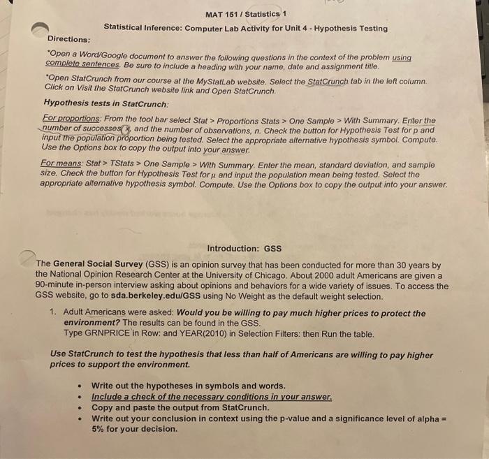 Mat 151 Statistics 1 Statistical Inference Computer Lab Activity For Unit 4 Hypothesis Testing Directions Open A W 1