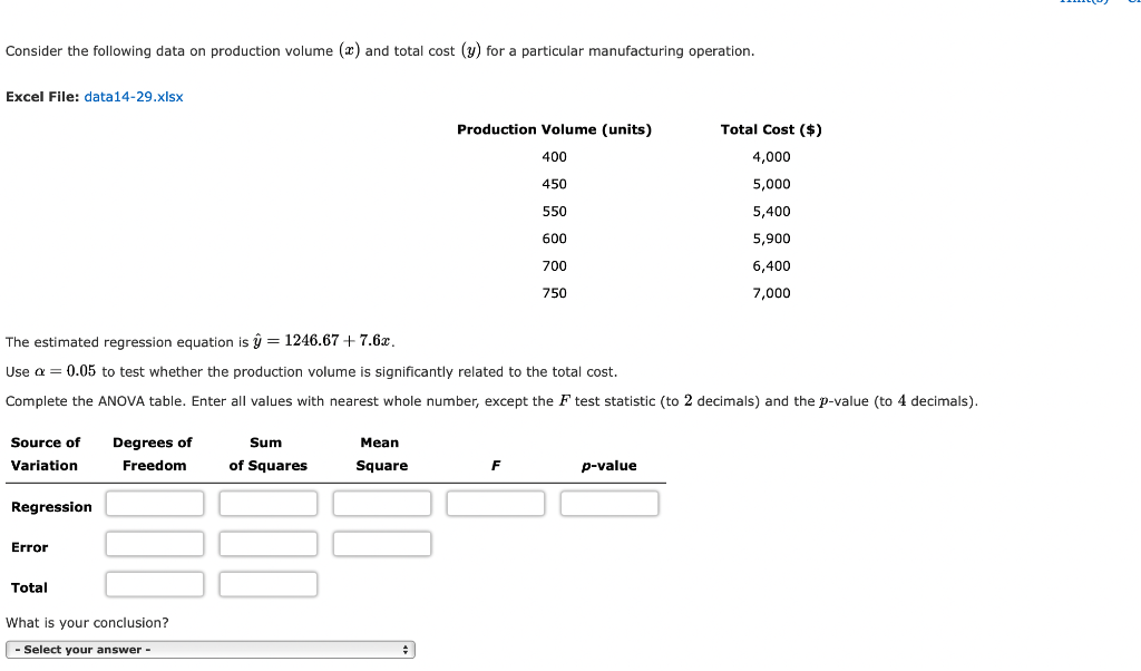 Consider The Following Data On Production Volume 2 And Total Cost Y For A Particular Manufacturing Operation Excel F 1