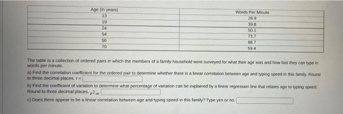 Age In Years 13 19 24 54 56 70 Words Per Minute 26 9 39 8 50 1 73 7 68 7 59 4 The Table Is A Collection Of Ordered Pai 1