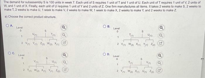 The Demand For Subassembly S Is 100 Units In Week 7 Each Unit Of Srequires 1 Unit Of T And 1 Unit Of U Each Unit Of Tr 1