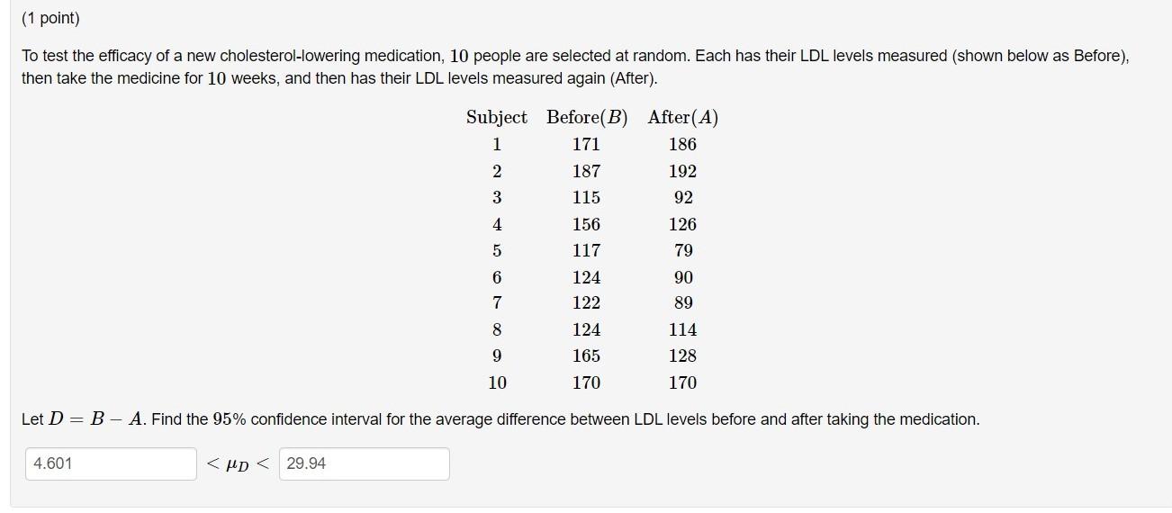 1 Point To Test The Efficacy Of A New Cholesterol Lowering Medication 10 People Are Selected At Random Each Has Thei 1