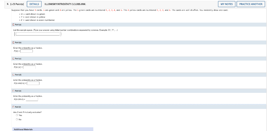6 13 Points Details Illowskyintrostat1 3 3 085 Hw My Notes Practice Another Suparce That You Have 9 Cards S Are Gr 1