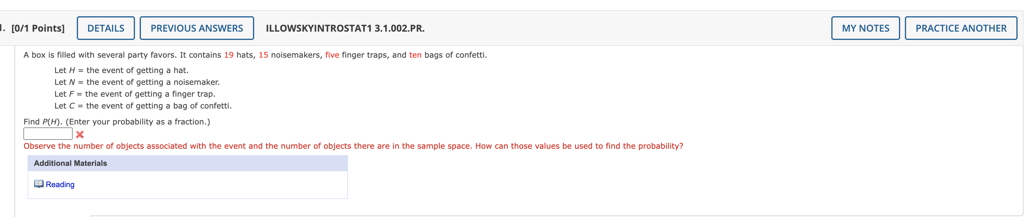 1 0 1 Points Details Previous Answers Illowskyintrostat1 3 1 002 Pr My Notes Practice Another A Box Is Filled With S 1