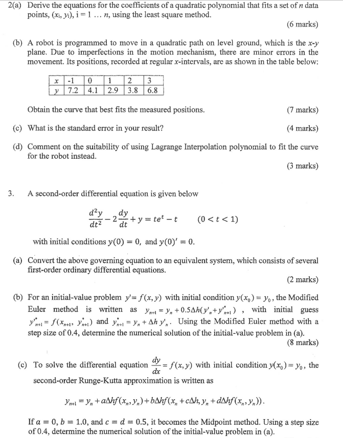 2 A Derive The Equations For The Coefficients Of A Quadratic Polynomial That Fits A Set Of N Data Points Xi Yi I 1