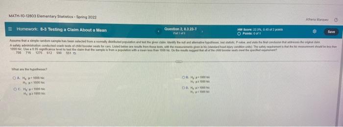 Math 10 12803 Elementary Statistics Spring 2022 Athena Homework 8 3 Testing A Claim About A Mean Question 2 B 3 23 1 1