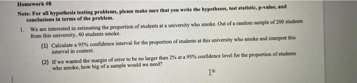 Homework 8 Note For All Hypothesis Testing Problems Please Make Sure That You Write The Hypotheses Test Statistic P 1