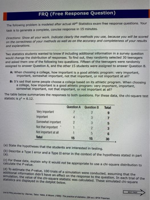 Frq Free Response Question The Following Problem Is Modeled After Actual Apm Statistics Exam Free Response Questions 1