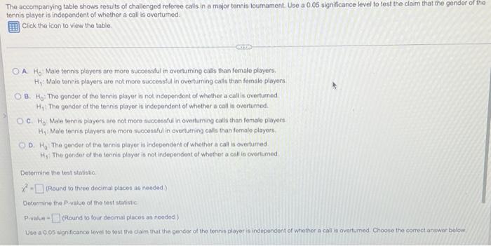 The Accompanying Table Shows Results Of Challenged Referee Cals In A Major Tennis Tournament Use A 0 05 Significance Le 1