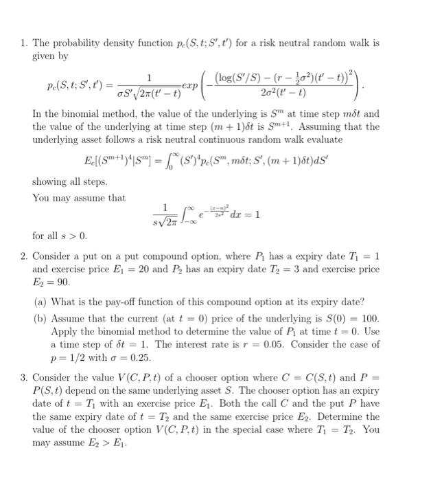 10 Sv21 1 The Probability Density Function P S T S T For A Risk Neutral Random Walk Is Given By 1 Log S S 1