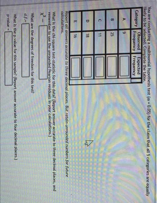 You Are Conducting A Multinomial Hypothesis Test A 0 05 For The Claim That All 5 Categories Are Equally Likely To Be 1
