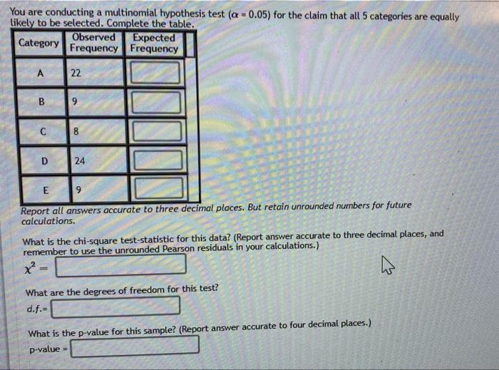You Are Conducting A Multinomial Hypothesis Test A 0 05 For The Claim That All 5 Categories Are Equally Likely To Be 1