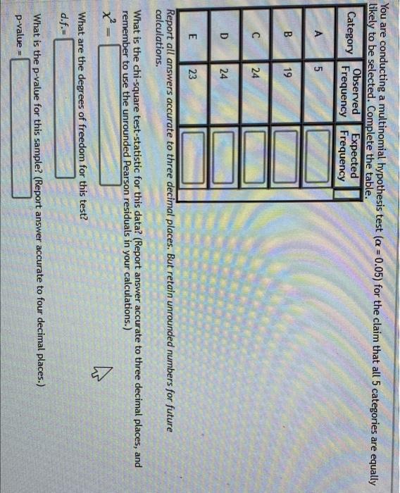 You Are Conducting A Multinomial Hypothesis Test A 0 05 For The Claim That All 5 Categories Are Equally Likely To Be 1