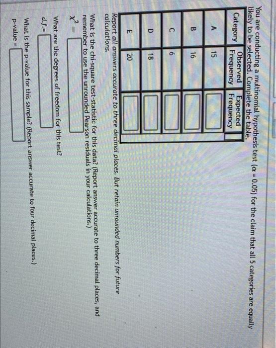 You Are Conducting A Multinomial Hypothesis Test A 0 05 For The Claim That All 5 Categories Are Equally Likely To Be 1