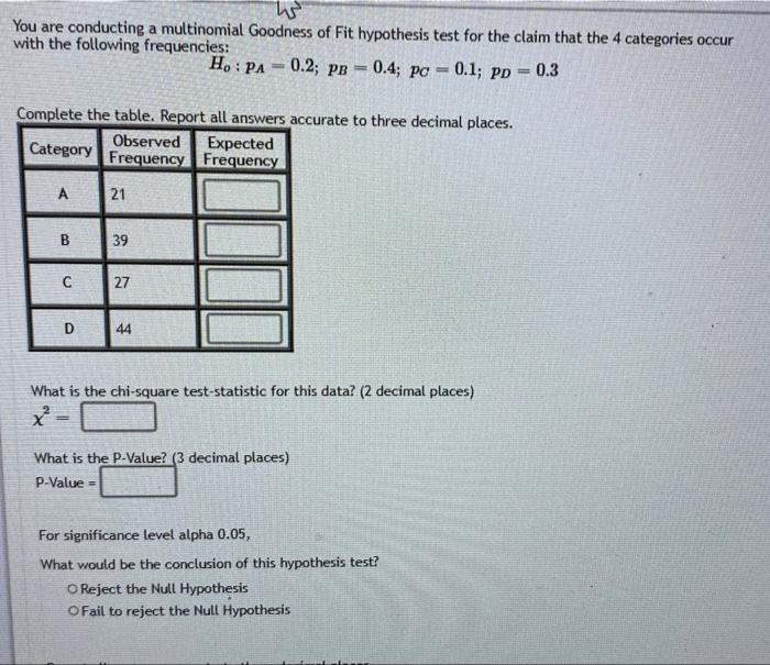 W You Are Conducting A Multinomial Goodness Of Fit Hypothesis Test For The Claim That The 4 Categories Occur With The Fo 1