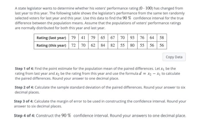 A State Legislator Wants To Determine Whether His Voters Performance Rating 0 100 Has Changed From Last Year To Thi 1