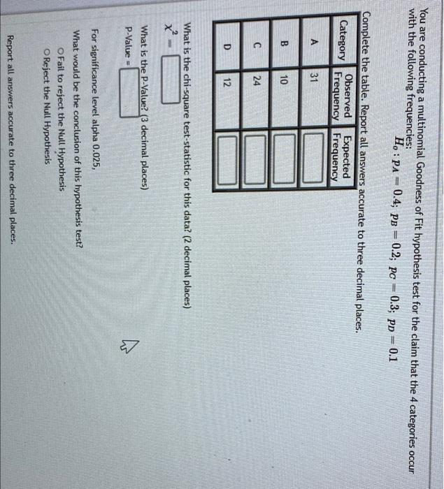You Are Conducting A Multinomial Goodness Of Fit Hypothesis Test For The Claim That The 4 Categories Occur With The Foll 1