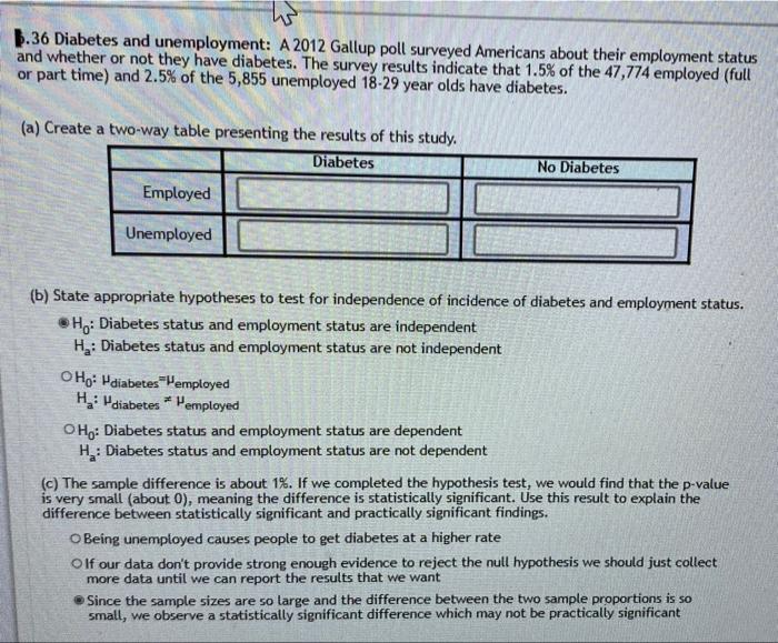 5 36 Diabetes And Unemployment A 2012 Gallup Poll Surveyed Americans About Their Employment Status And Whether Or Not T 1