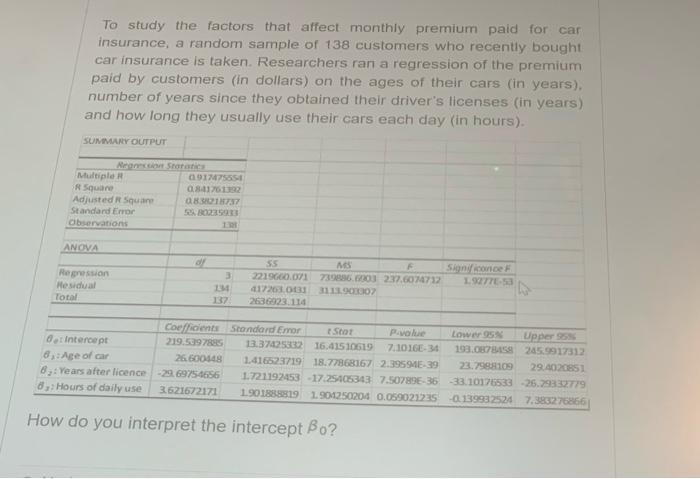 To Study The Factors That Affect Monthly Premium Paid For Car Insurance A Random Sample Of 138 Customers Who Recently B 1