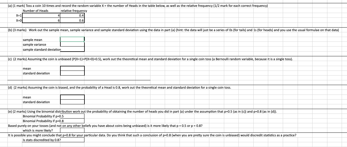A 1 Mark Toss A Coin 10 Times And Record The Random Variable X The Number Of Heads In The Table Below As Well As 1