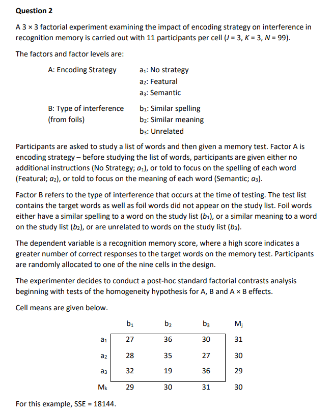 Question 2 A 3 X 3 Factorial Experiment Examining The Impact Of Encoding Strategy On Interference In Recognition Memory 1