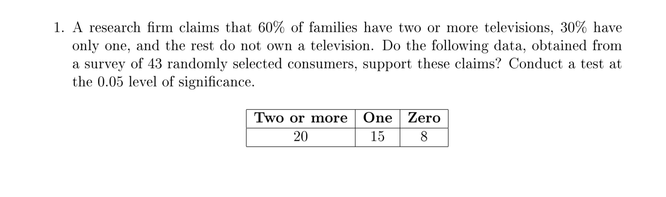 1 A Research Firm Claims That 60 Of Families Have Two Or More Televisions 30 Have Only One And The Rest Do Not Own 1
