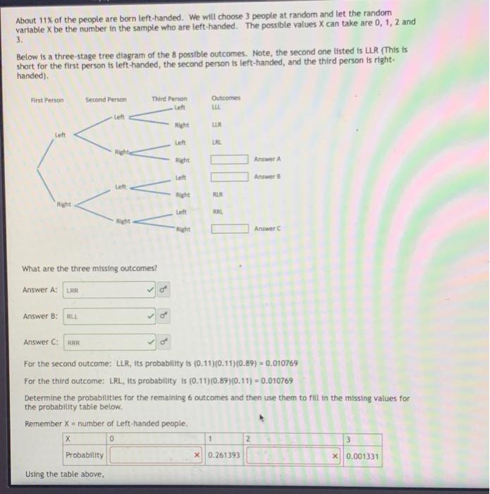About 11 Of The People Are Born Left Handed We Will Choose 3 People At Random And Let The Random Variable X Be The Num 1